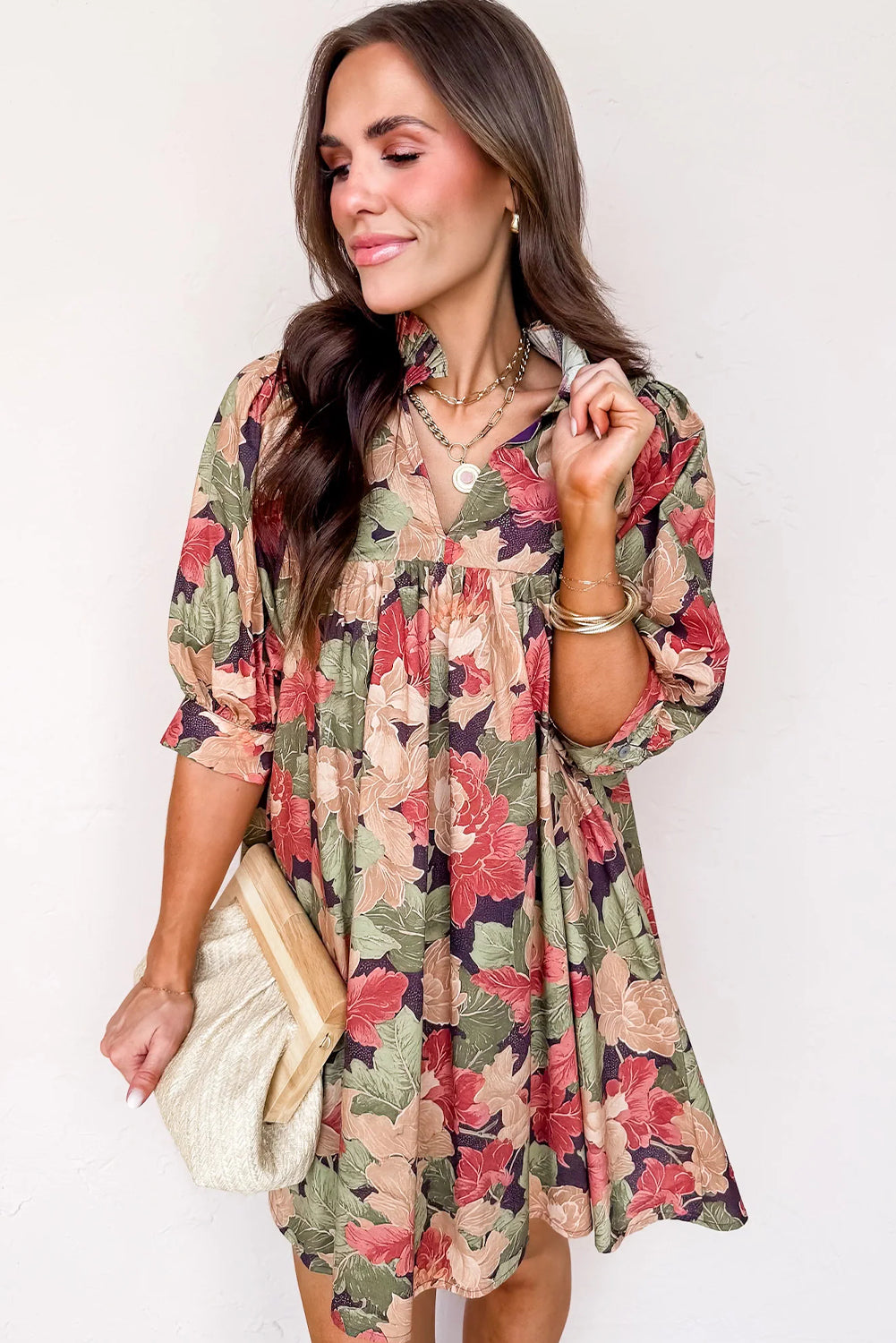 Green Floral Print Frilled Collar V Neck Half Sleeve Mini Dress 🇺🇸