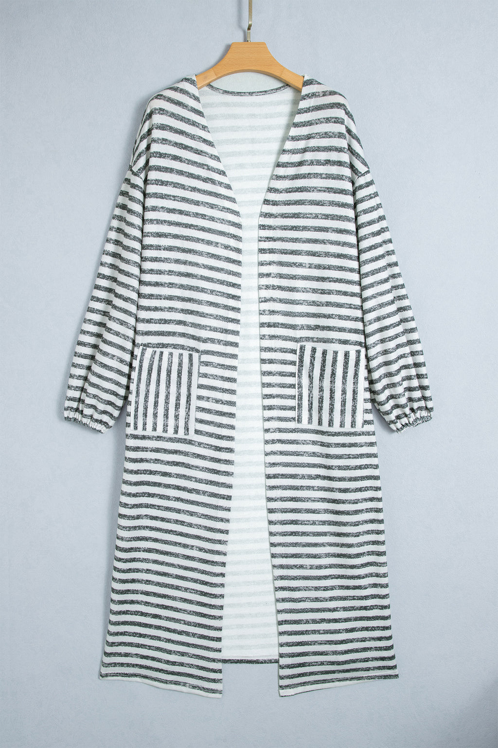 Khaki Stripe Long Puff Sleeve Open Front Oversized Long Cardigan 🇺🇸