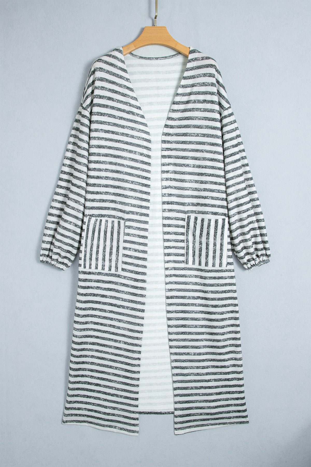 Khaki Stripe Long Puff Sleeve Open Front Oversized Long Cardigan 🇺🇸