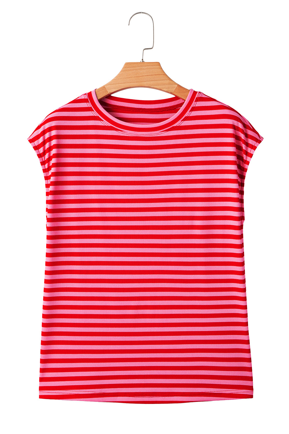 Red Stripe Ribbed Cap Sleeve Round Neck T Shirt 🇨🇳