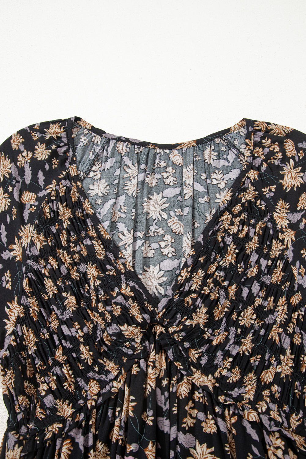 Black Floral Deep V Neck Smocked Bust Bubble Sleeve Babydoll Dress 🇺🇸