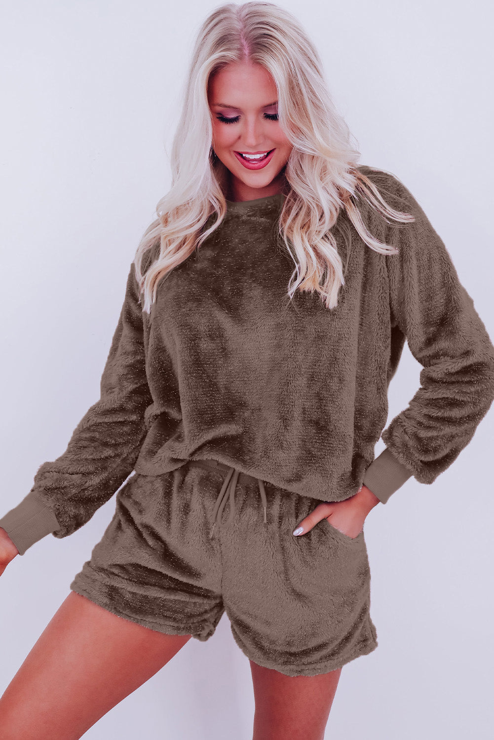 Coffee Solid Loose Fit Two Piece Fleece Lounge Set 🇨🇳