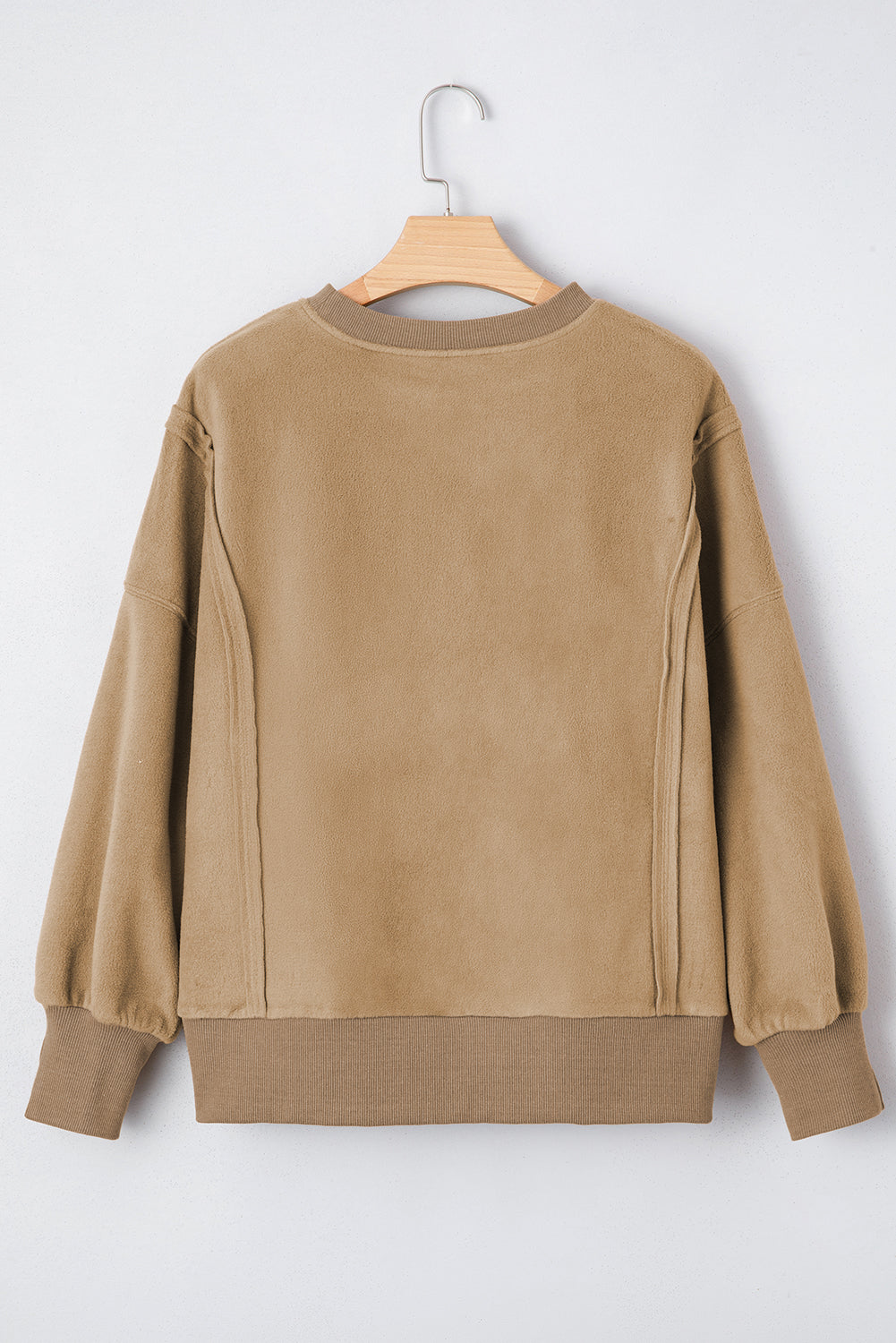 Dark Khaki Fuzzy Sherpa Splicing Pullover Sweatshirt with Side Slit 🇺🇸