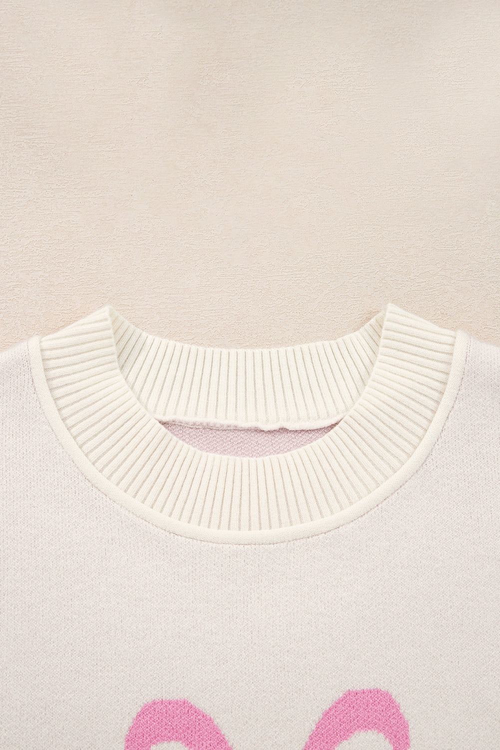 Pink Bow Print Ribbed Trim Exposed Seam Drop Shoulder Loose Sweater 🇺🇸