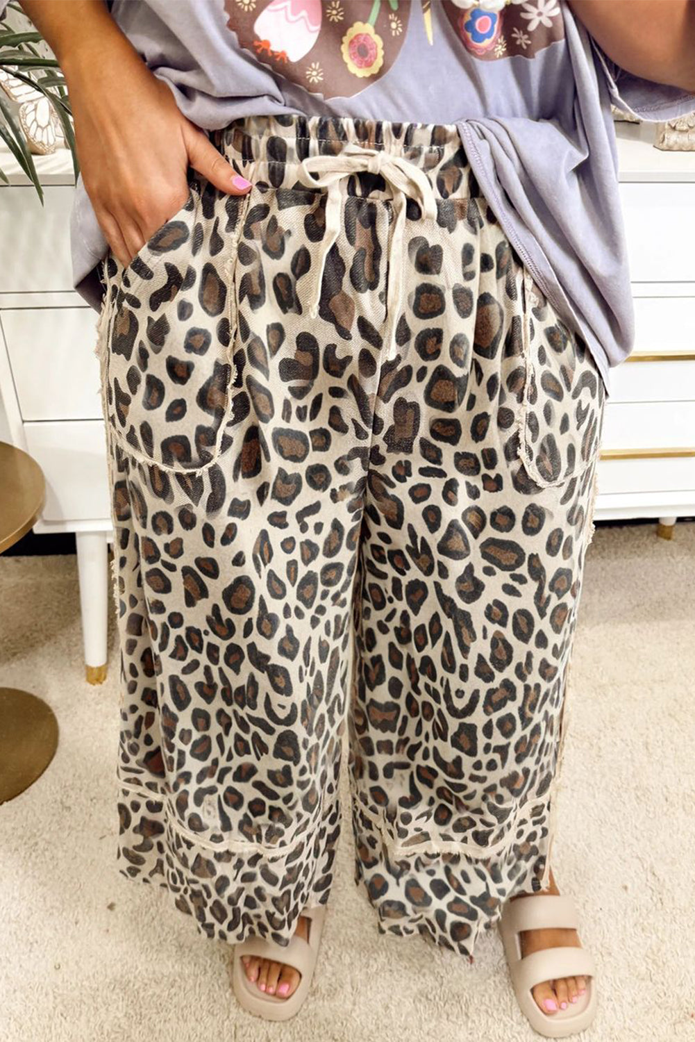 Khaki Exposed Seam Patched Pocket Plus Size Drawstring Leopard Wide Leg Pants 🇺🇸