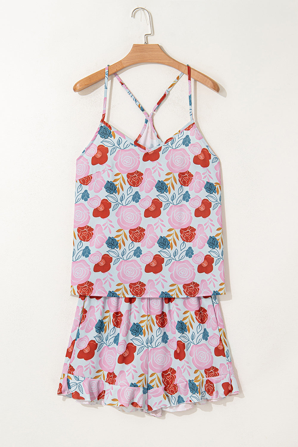Multicolour Floral V Neck Cami Top and Ruffled Shorts Lounge Set 🇨🇳