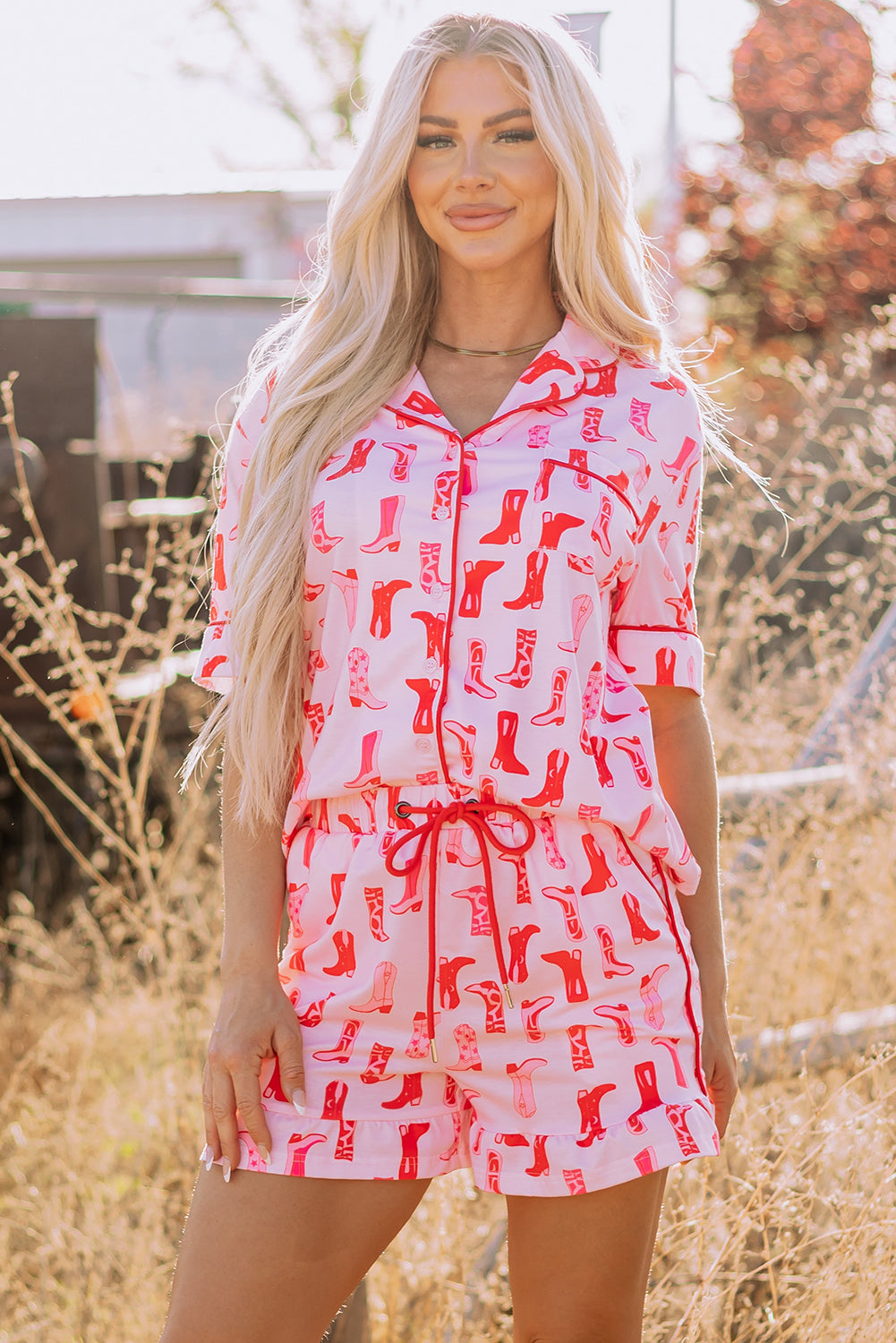 Pink Western Cowgirl Boots Printed Shirt Ruffled Shorts Pajama Set 🇨🇳