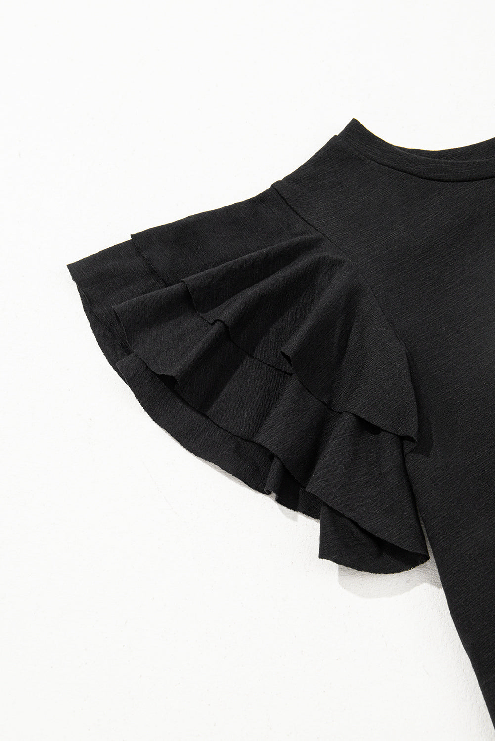 Black Layered Ruffle Short Sleeve Round Neck Top 🇨🇳