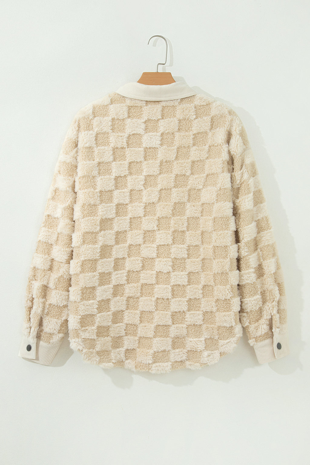 Khaki Plush Checkered Corduroy Trim Metal Button Long Sleeve Shift Silhouette Shacket 🇺🇸
