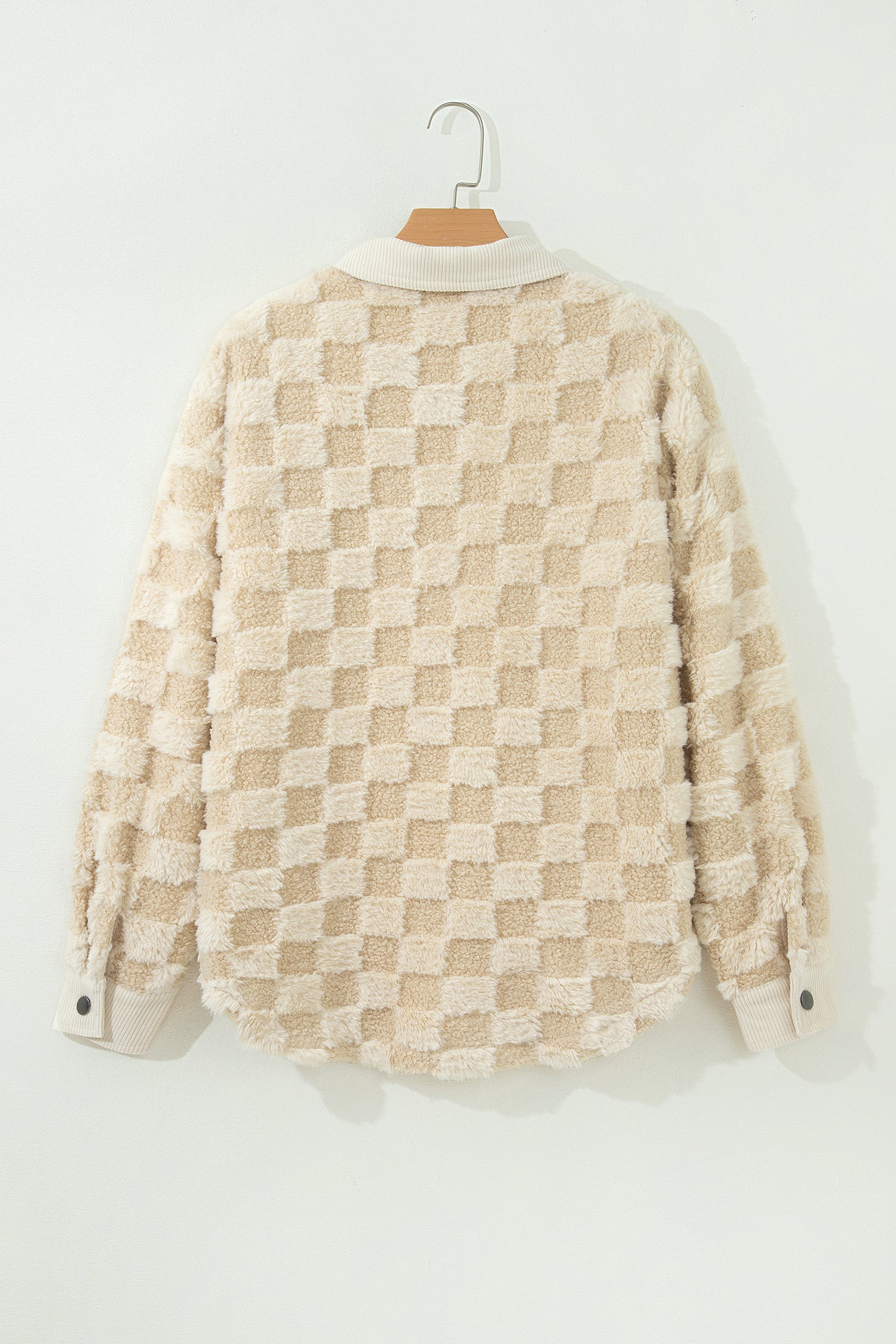 Khaki Plush Checkered Corduroy Trim Metal Button Long Sleeve Shift Silhouette Shacket 🇺🇸