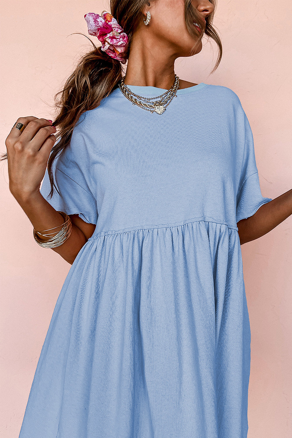 Sky Blue Solid Color Pocketed Raw Edge Babydoll Dress 🇨🇳