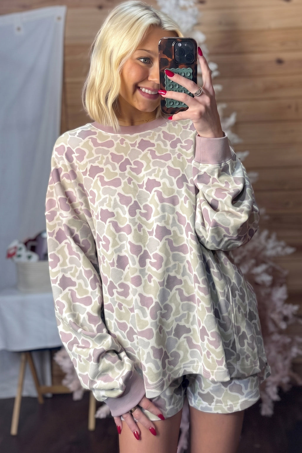 Green Camouflage Waffle Knit Long Sleeve Top Casual Shorts Set 🇺🇸
