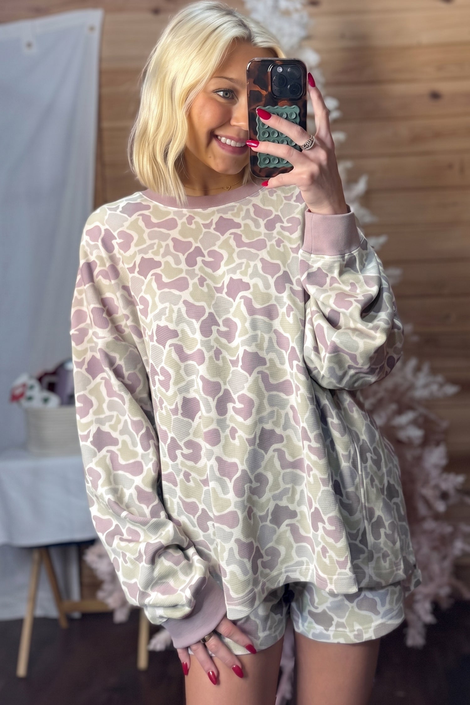 Green Camouflage Waffle Knit Long Sleeve Top Casual Shorts Set 🇺🇸
