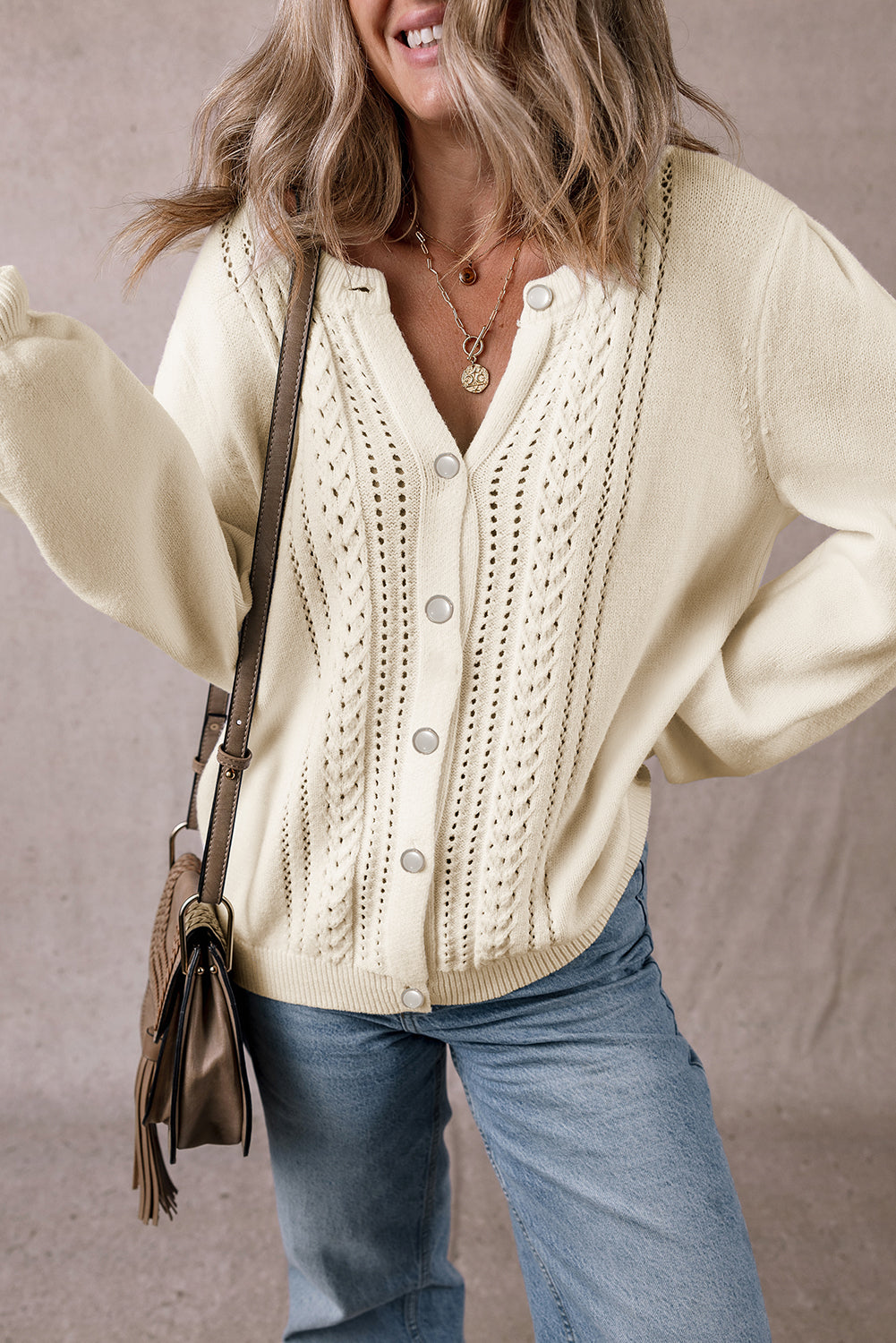 Apricot Pleated Sleeve Hollow Detail Button Sweater Cardigan 🇺🇲