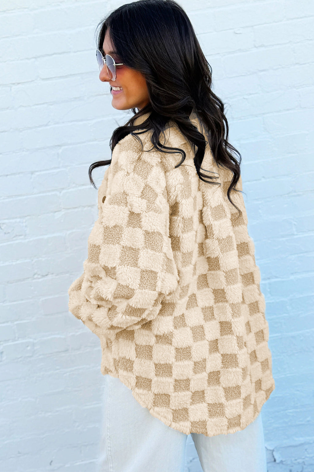 Khaki Plush Checkered Corduroy Trim Metal Button Long Sleeve Shift Silhouette Shacket 🇺🇸