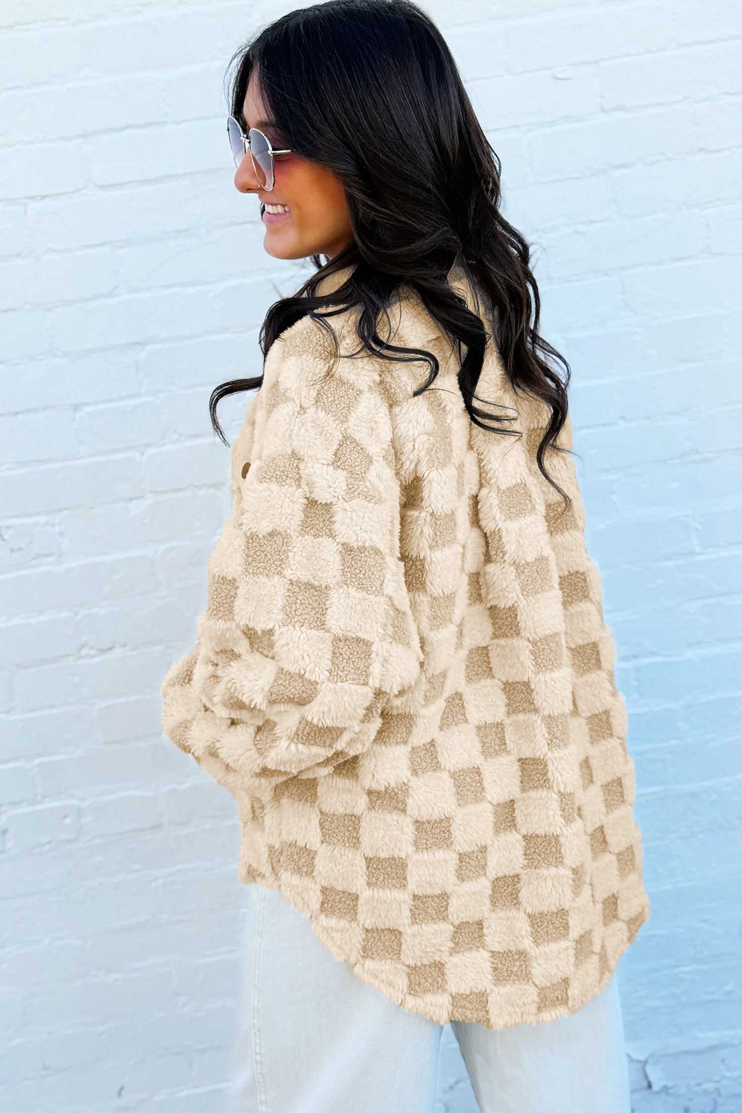 Khaki Plush Checkered Corduroy Trim Metal Button Long Sleeve Shift Silhouette Shacket 🇺🇸