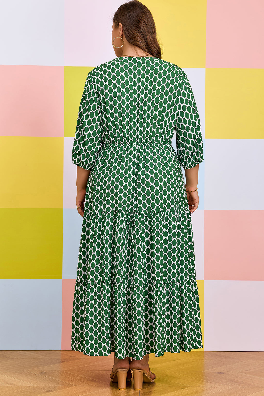Green Plus Size Geometric Print Pocketed Ruffle Hem Casual Dress 🇺🇸