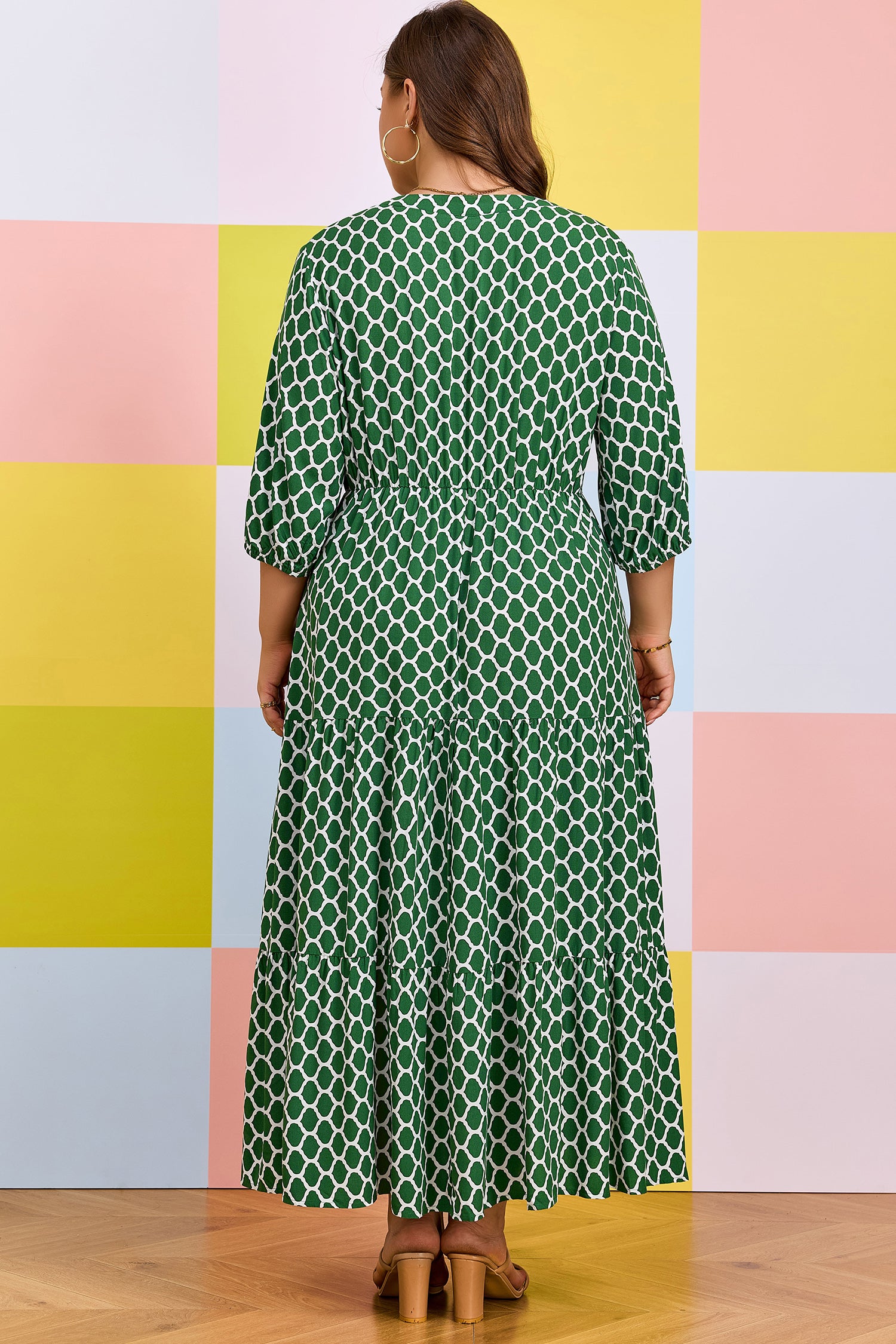 Green Plus Size Geometric Print Pocketed Ruffle Hem Casual Dress 🇺🇸