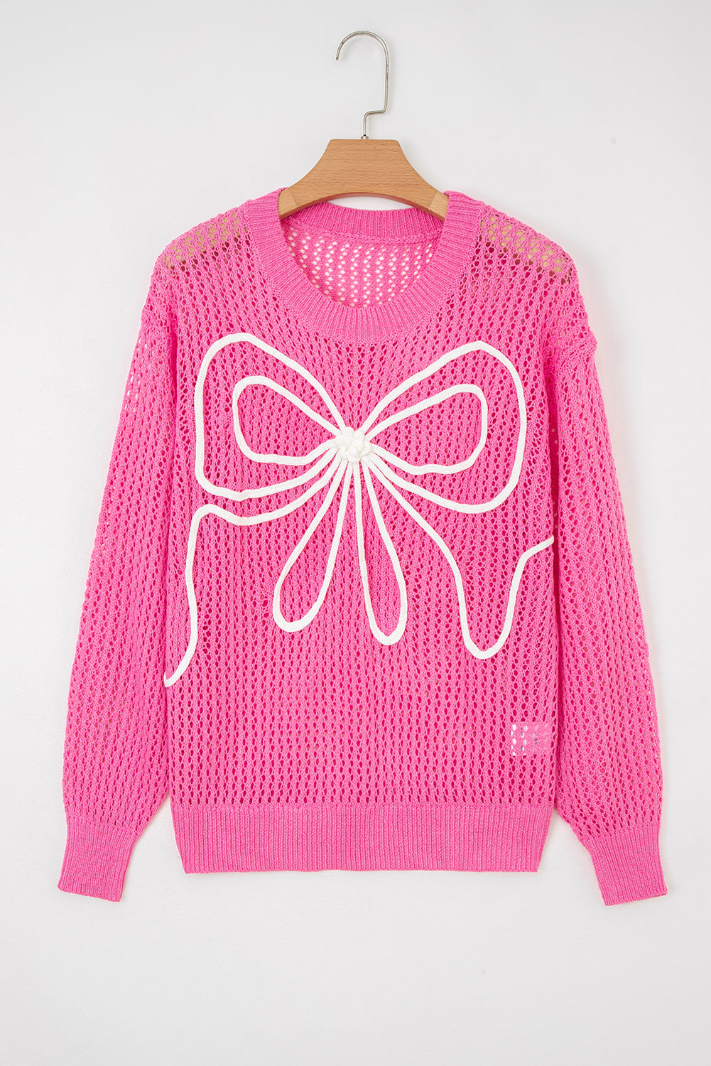 Sachet Pink Sweet Bow Decor Hollow Out Knitted Drop Shoulder Sweater 🇺🇲