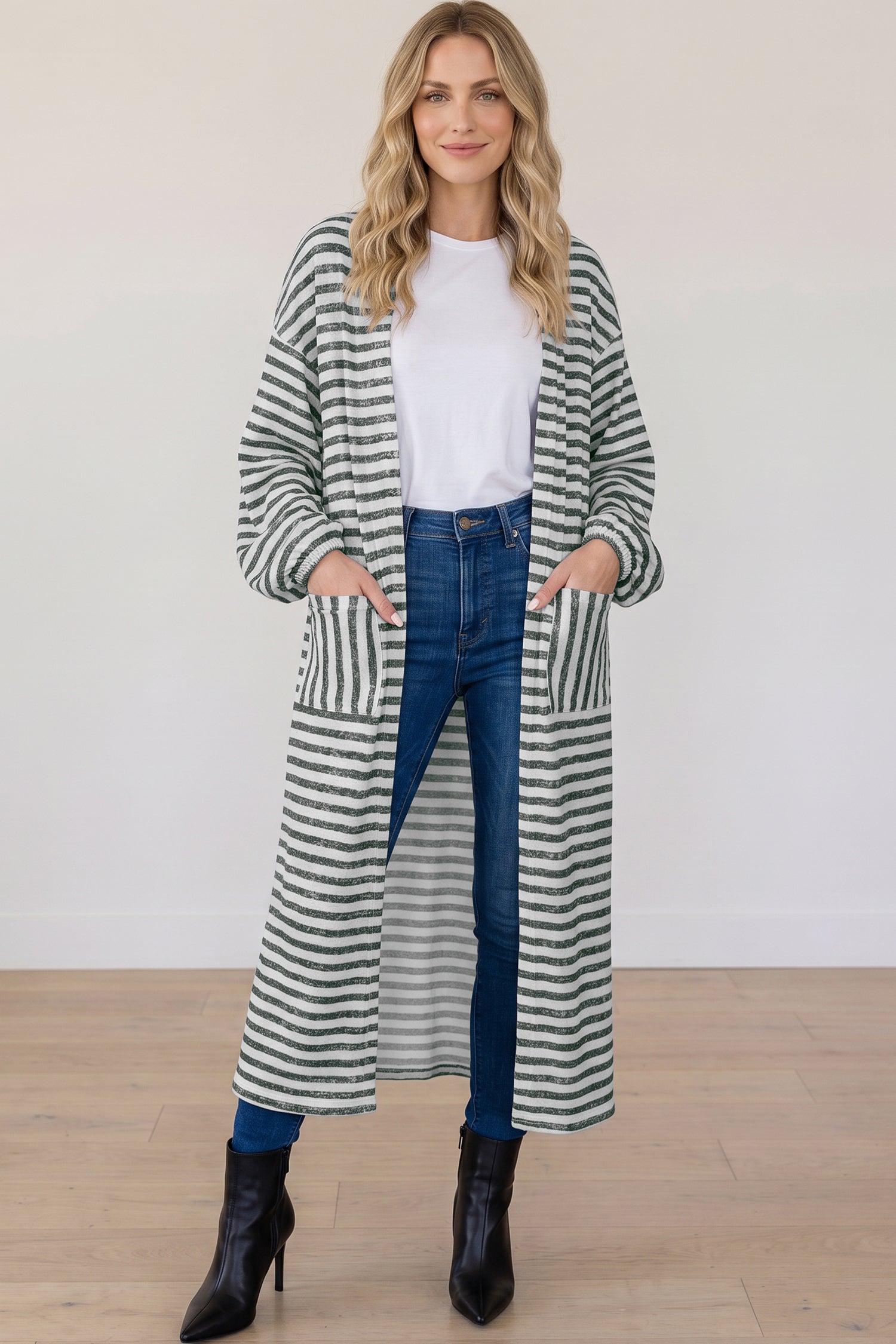 Khaki Stripe Long Puff Sleeve Open Front Oversized Long Cardigan 🇺🇸