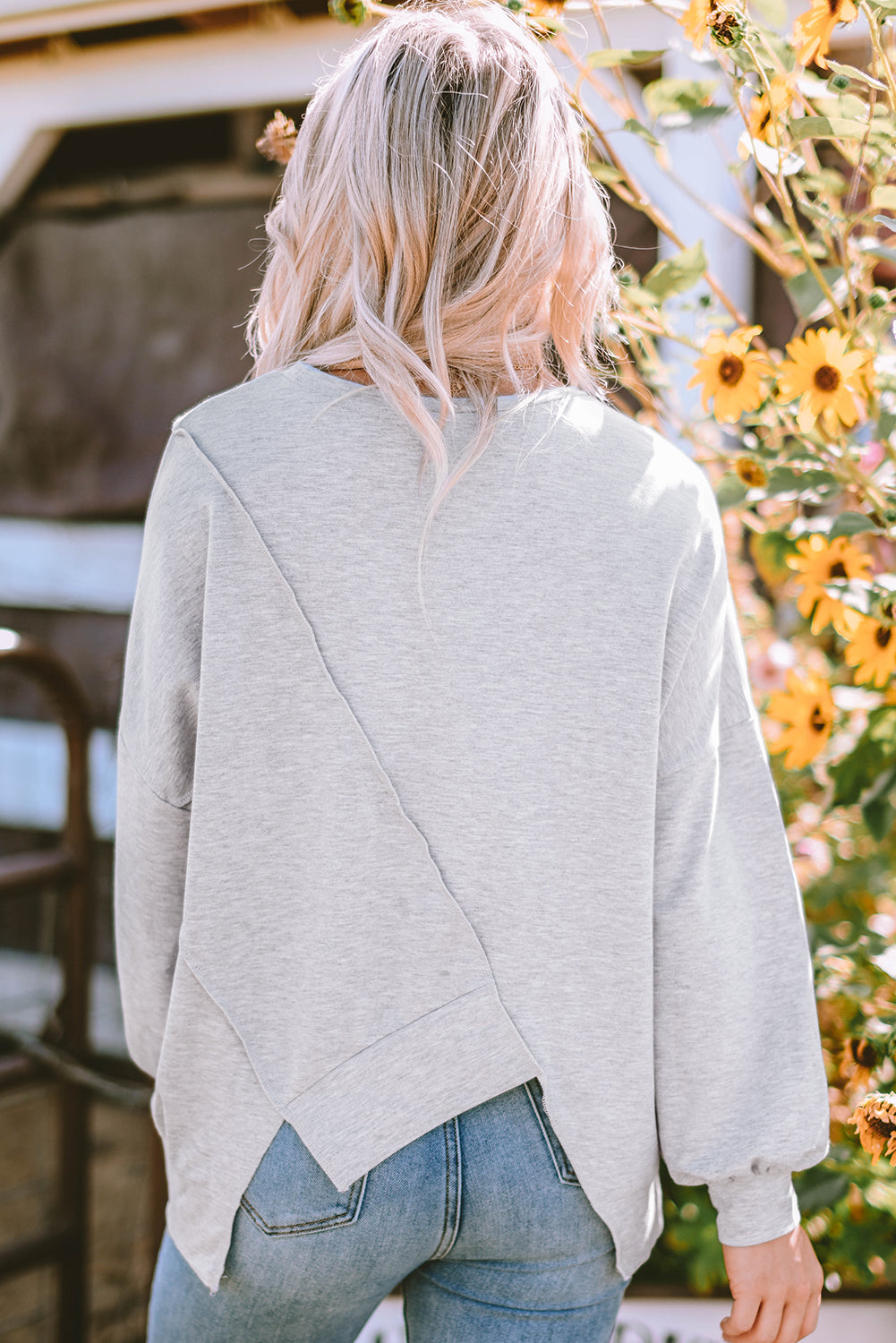 Khaki Colorblock Stitching Irregular Hem Long Sleeve Top 🇺🇸