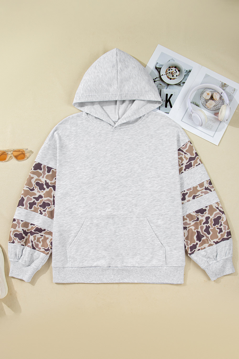 Light Grey Camouflage Patchwork Asymmetric Sleeve Plus Size Hoodie 🇺🇸