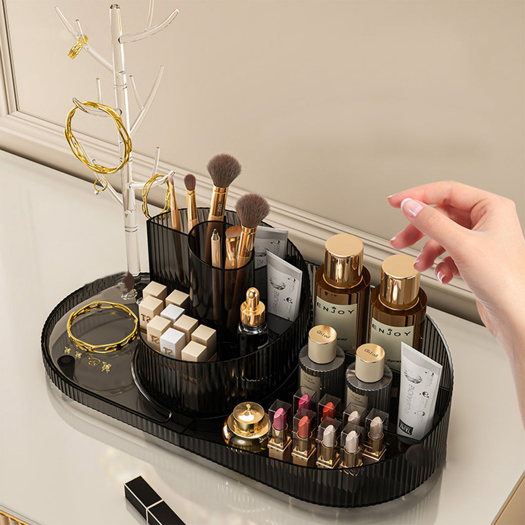 Rotating Makeup Organizer With Jewelry Storage  Large Capacity Cosmetic Display Case Holds 20 Brushes, 10 Lipsticks, 8 Skincare Products 360 Spinning Vanity Organizer For Countertop & Bathroom 🇨🇳