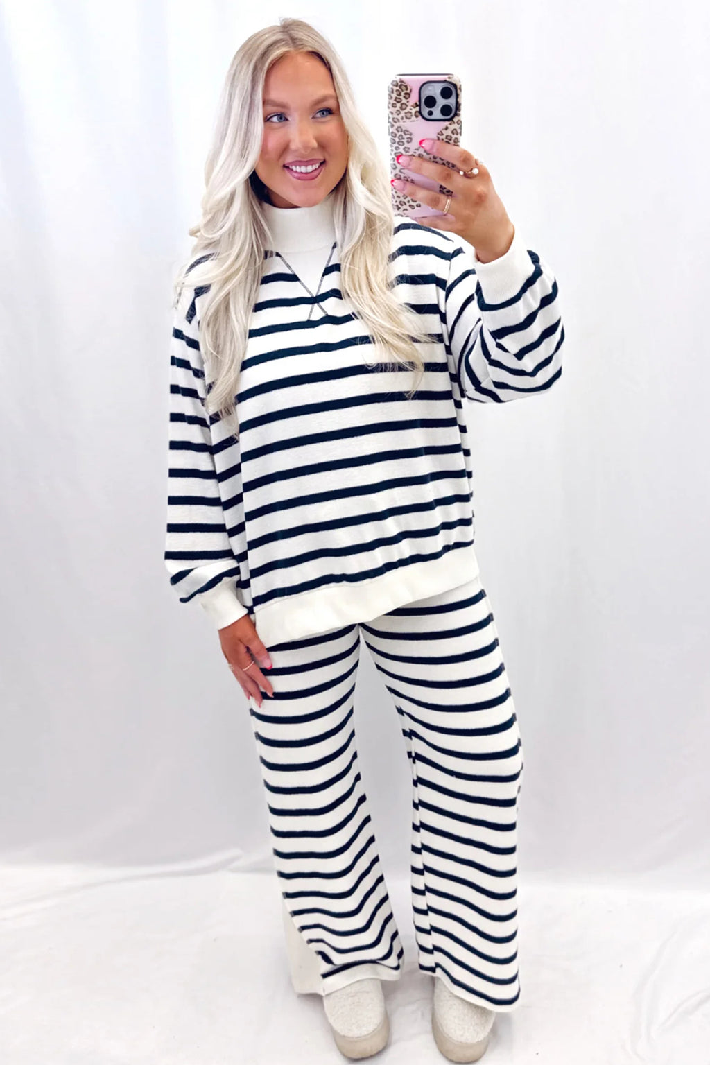 Blue Stripe Striped Ribbed Cuff Collar Pocket Loose Pant Set 🇺🇸