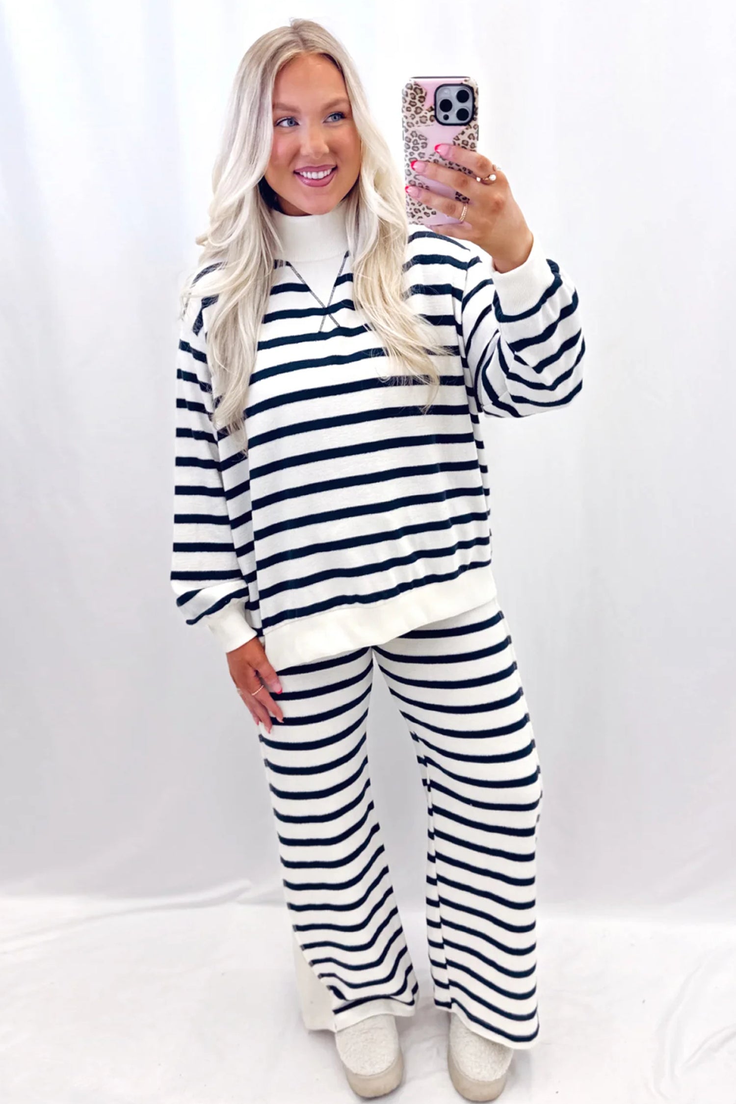 Blue Stripe Striped Ribbed Cuff Collar Pocket Loose Pant Set 🇺🇸