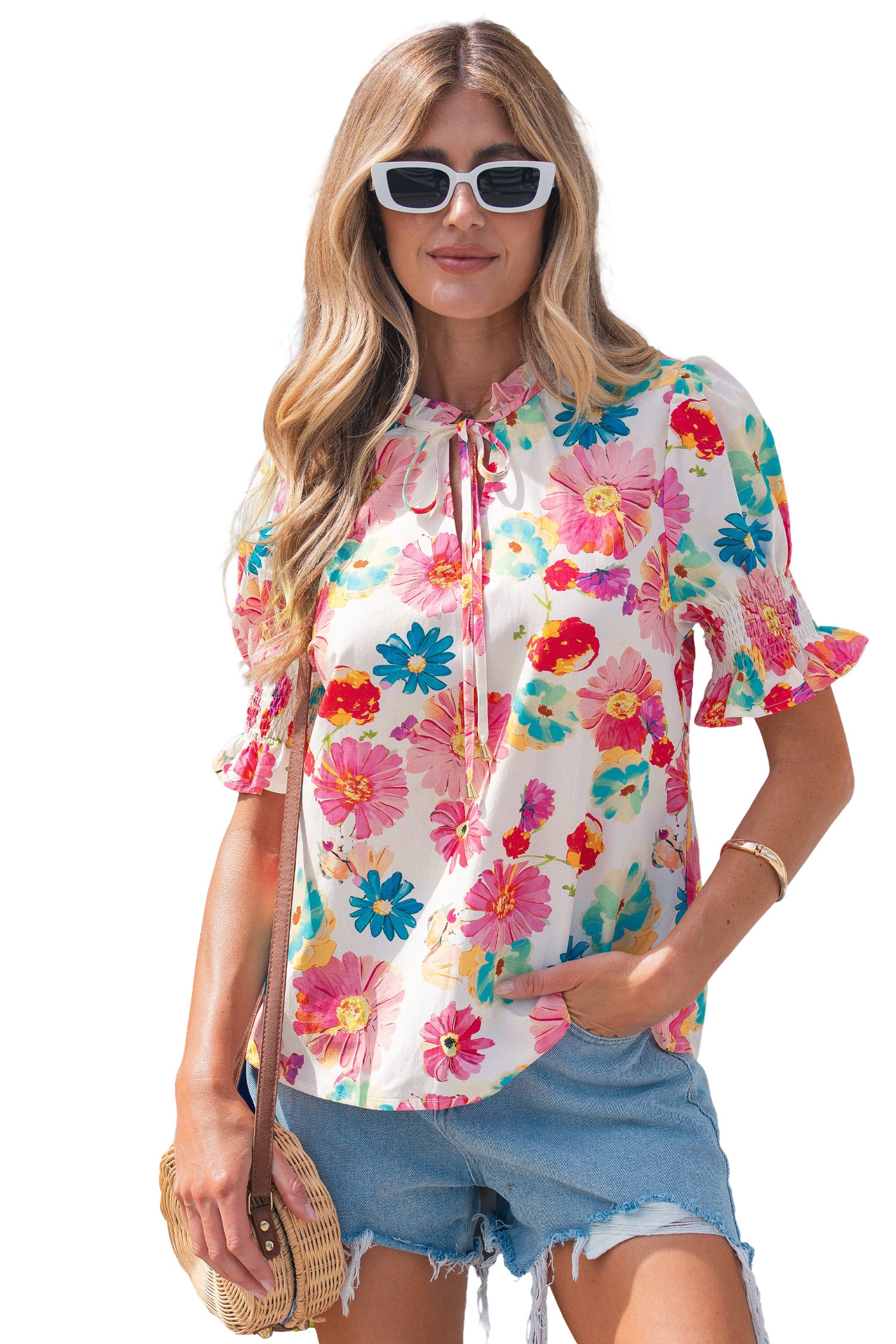 Beige Vibrant Summer Floral Tie V Neck Short Puff Sleeve Blouse 🇺🇸