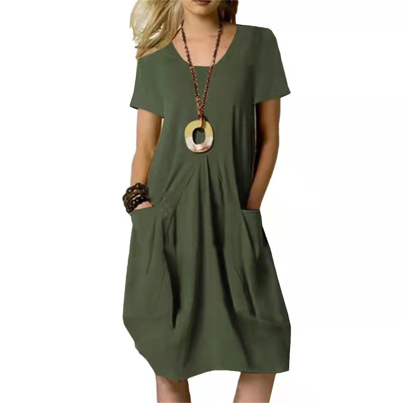Cotton And Linen Solid Color Loose Round Neck Short Sleeve Dress 🇨🇳