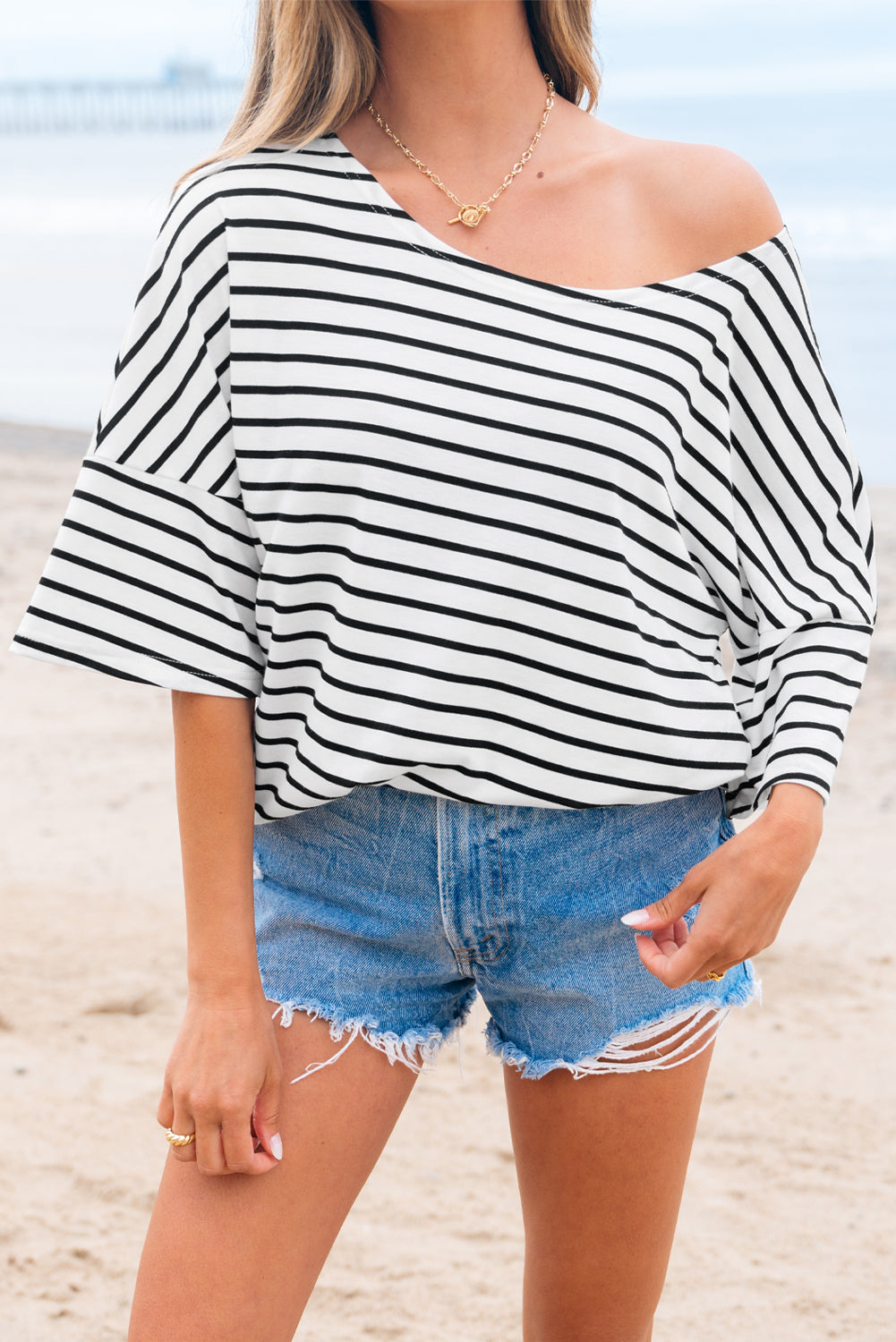 Black Stripe Half Sleeve Scoop Neck Loose Top 🇨🇳