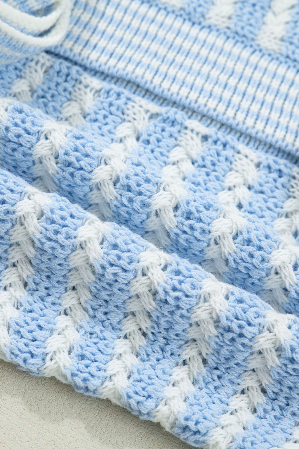Sky Blue Stripe Short Sleeve Knit V Neck Bow Knot Sweater 🇺🇸