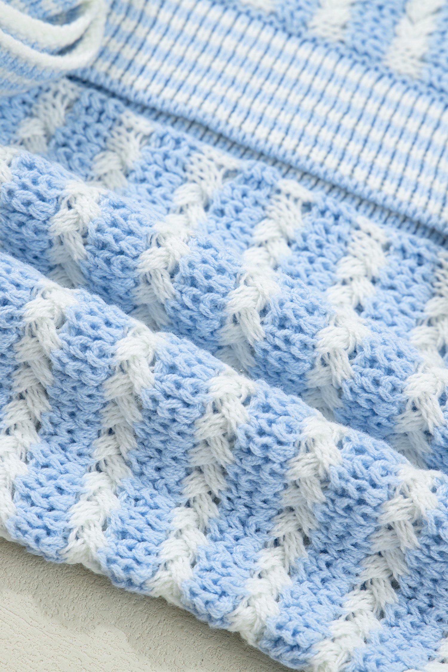 Sky Blue Stripe Short Sleeve Knit V Neck Bow Knot Sweater 🇺🇸