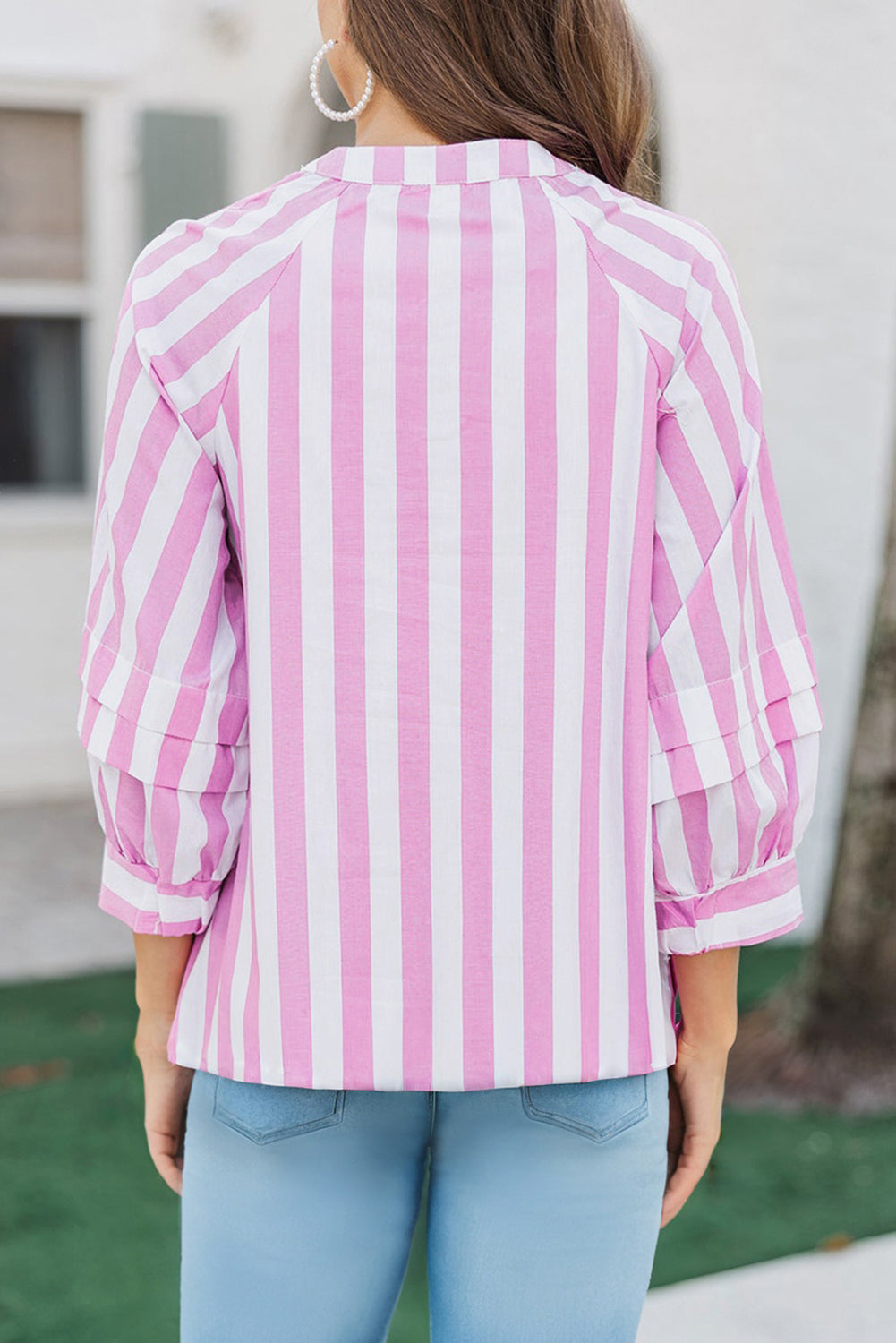 Rose Stripe Split Neck Button Decor Front Puff Sleeve Blouse 🇺🇸
