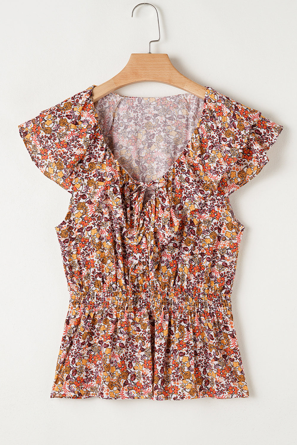 Red Floral Print Knot V Neck Ruffled Sleeve Blouse 🇺🇲