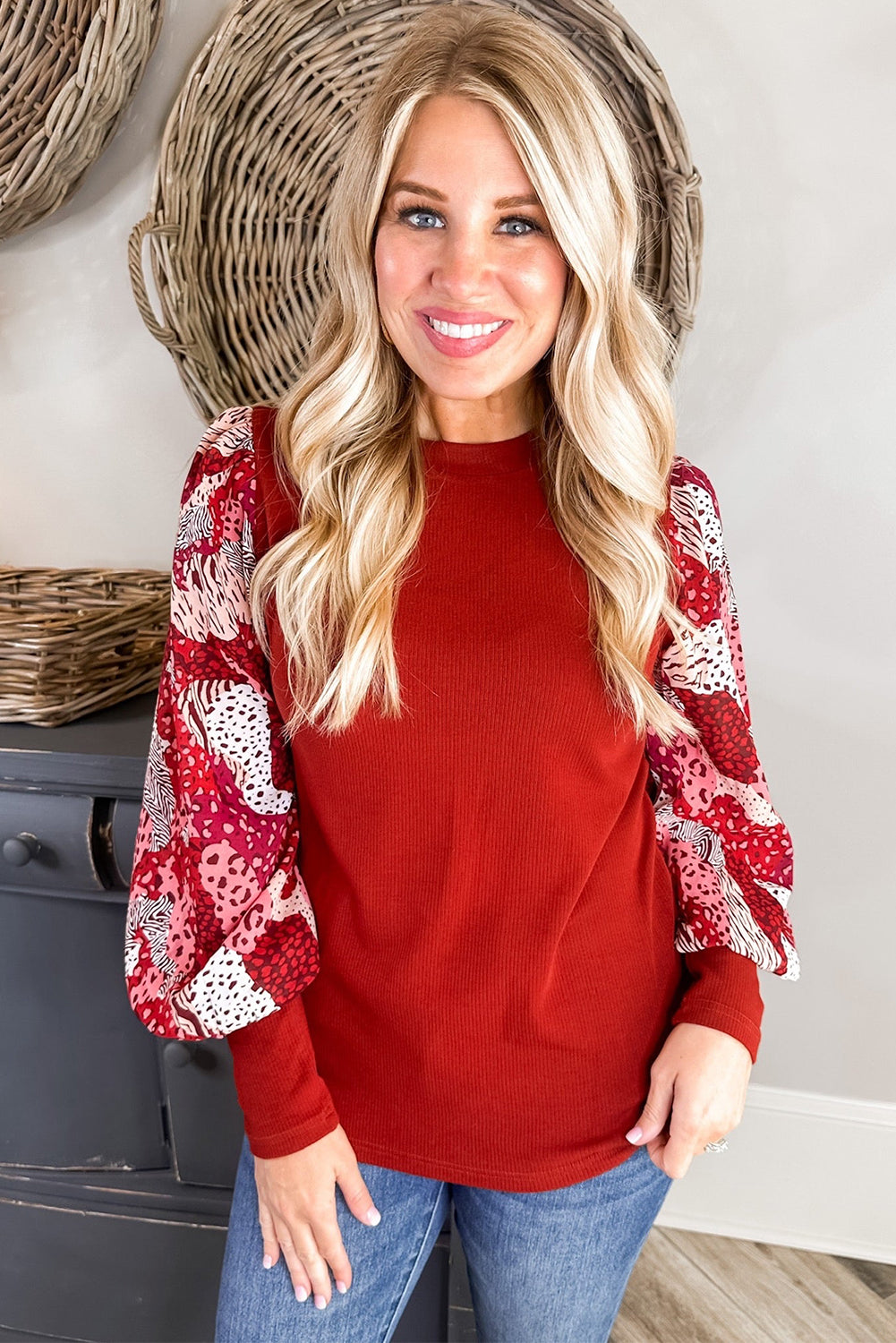 Fiery Red Contrast Mixed Animal Print Lantern Sleeve Patchwork Top 🇺🇸