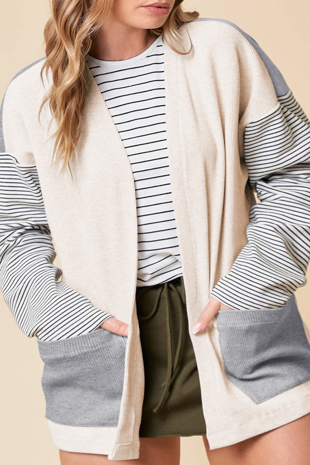 Black Stripe Colorblock Patchwork Open Front Cardigan with Pocket 🇺🇲