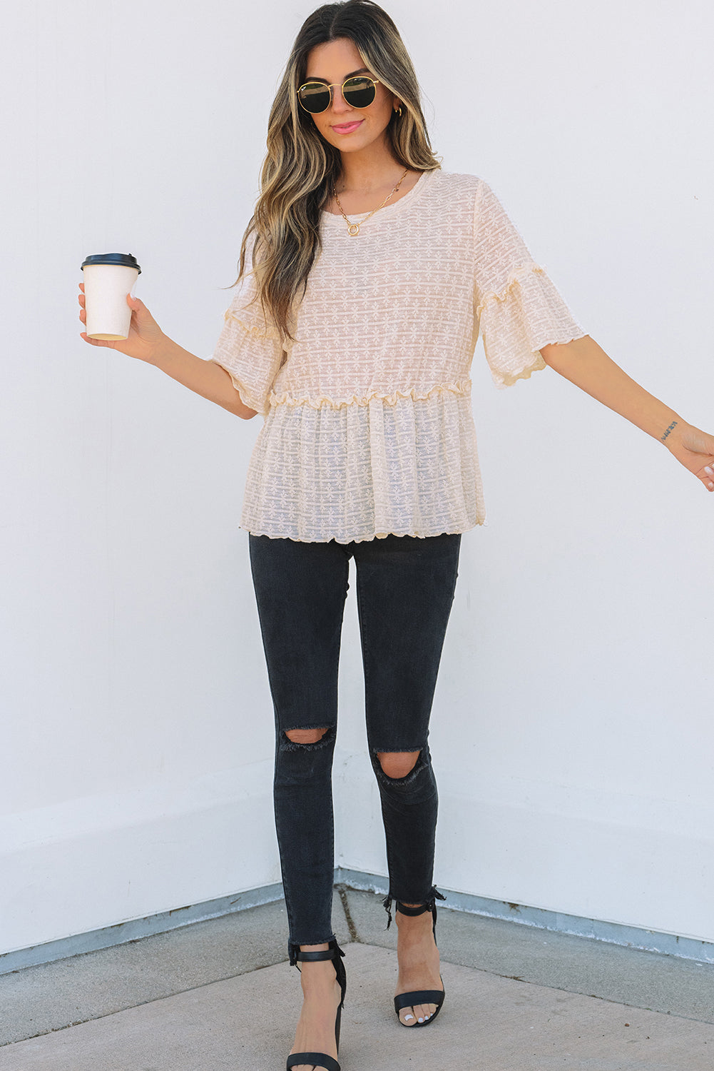 Beige Solid Color Textured Ruffled Short Sleeve Blouse 🇺🇸