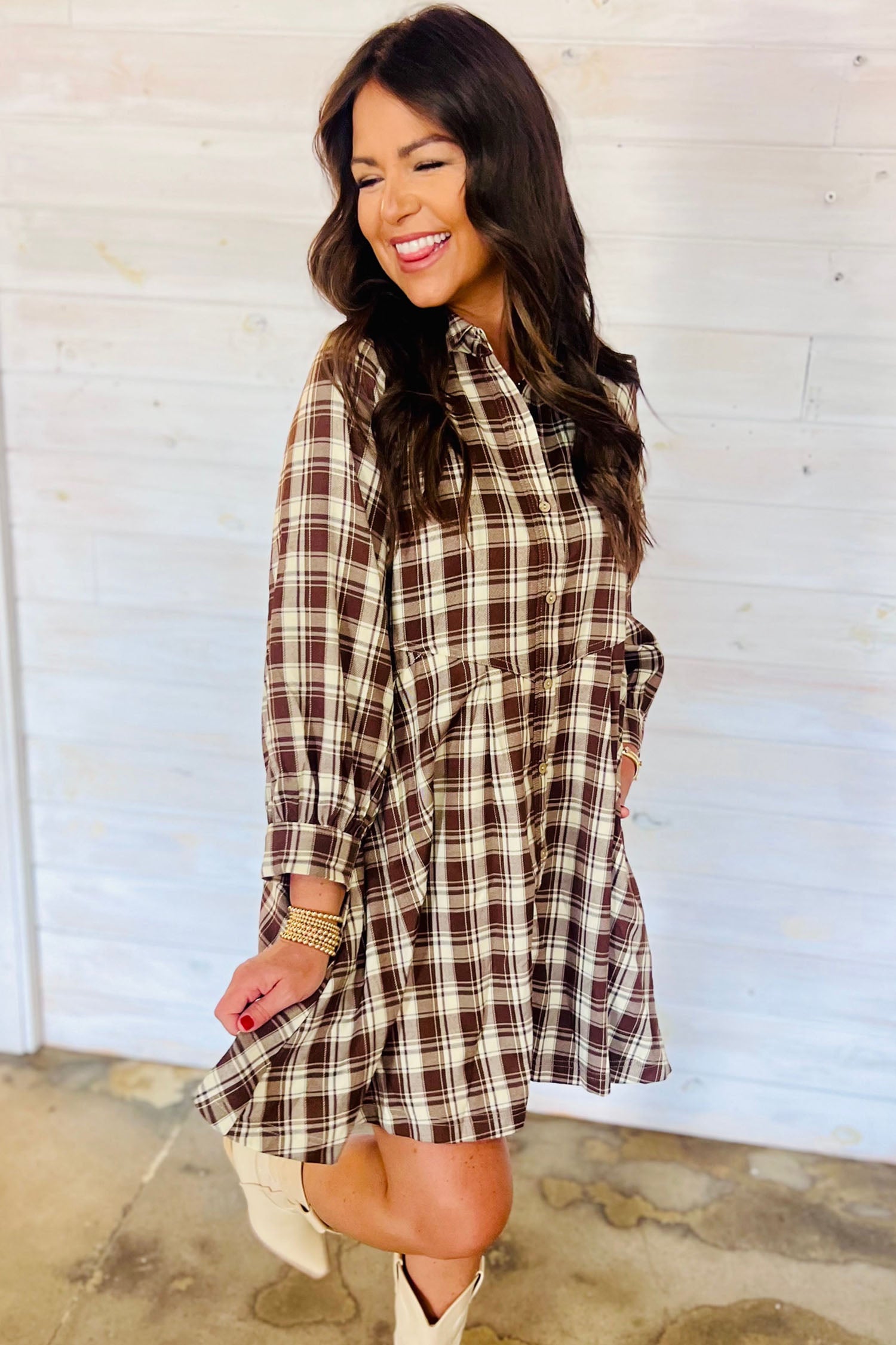 Brown Plaid Long Sleeve Short Shift Mini Dress 🇺🇸