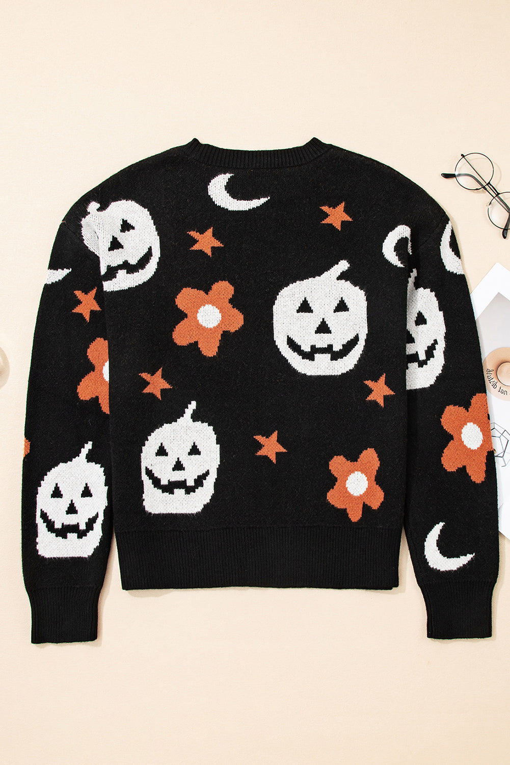 Black Halloween Mythical Night Pattern Drop Shoulder Sweater 🇺🇲