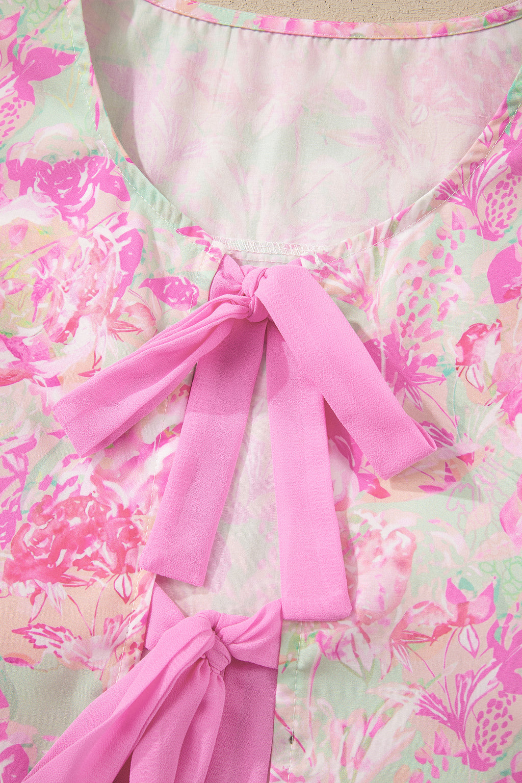 Pink Ribbon Knot Front Floral Short Puff Sleeve Blouse 🇺🇸