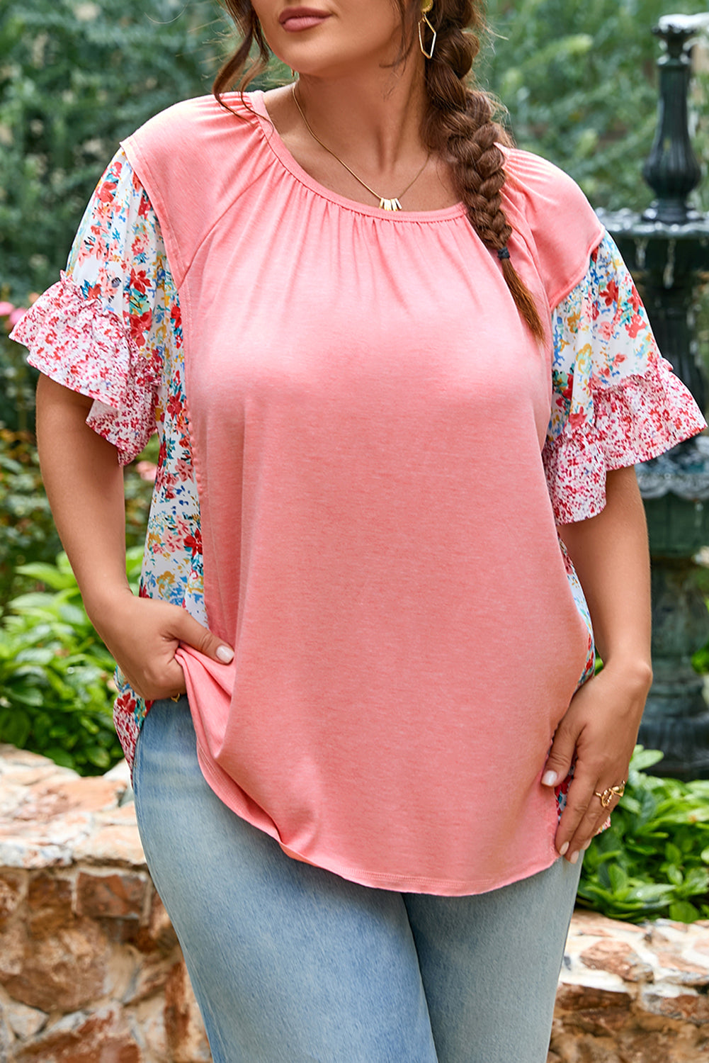 Pink Plus Size Floral Patchwork Ruffled Short Sleeve Blouse 🇨🇳