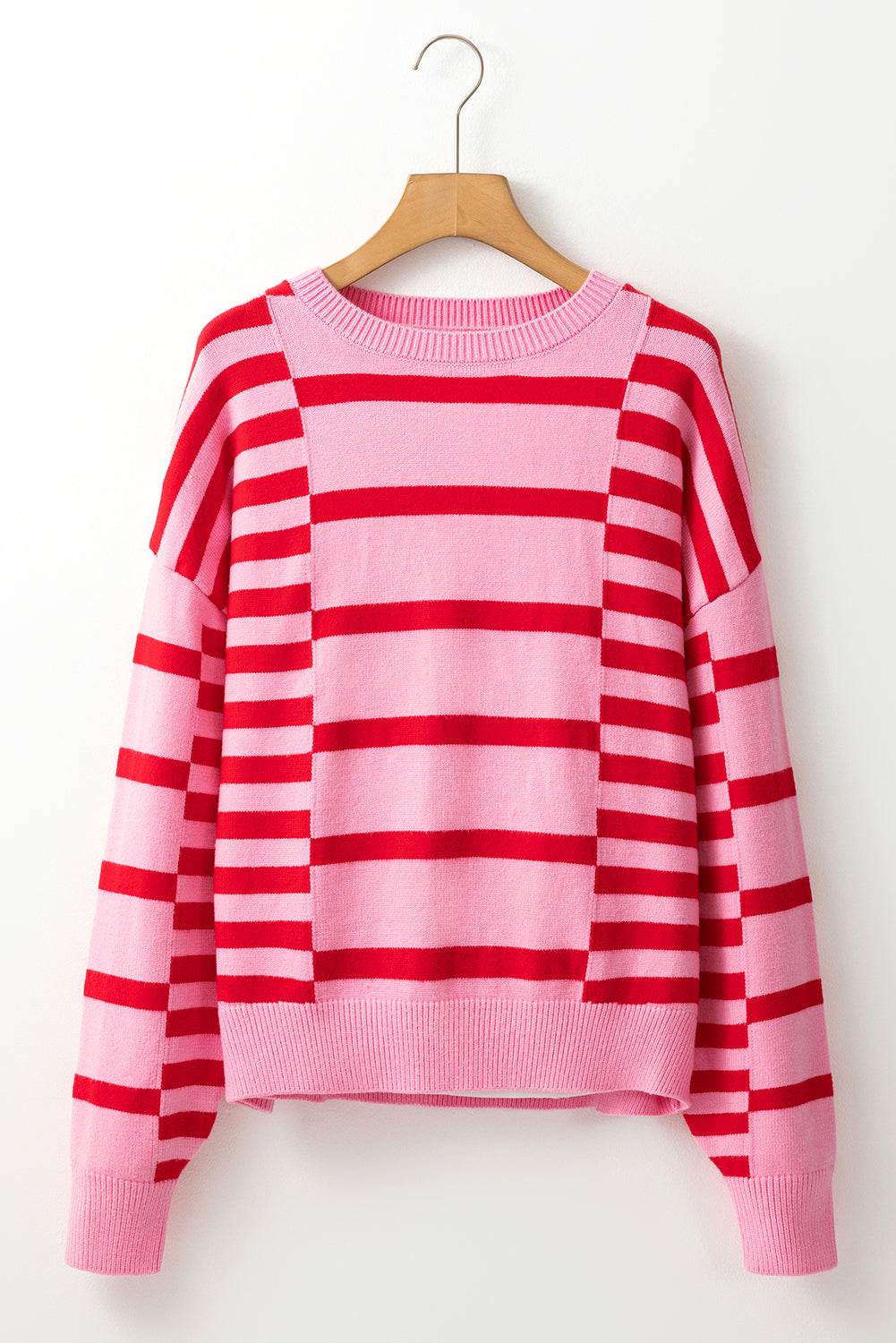 Pink Stripe Bubble Sleeve Drop Shoulder Ribbed Trim Sweater 🇺🇸