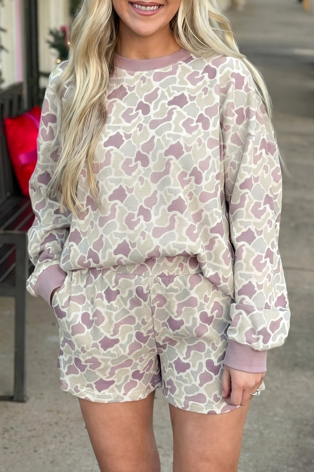 Green Camouflage Waffle Knit Long Sleeve Top Casual Shorts Set 🇺🇸