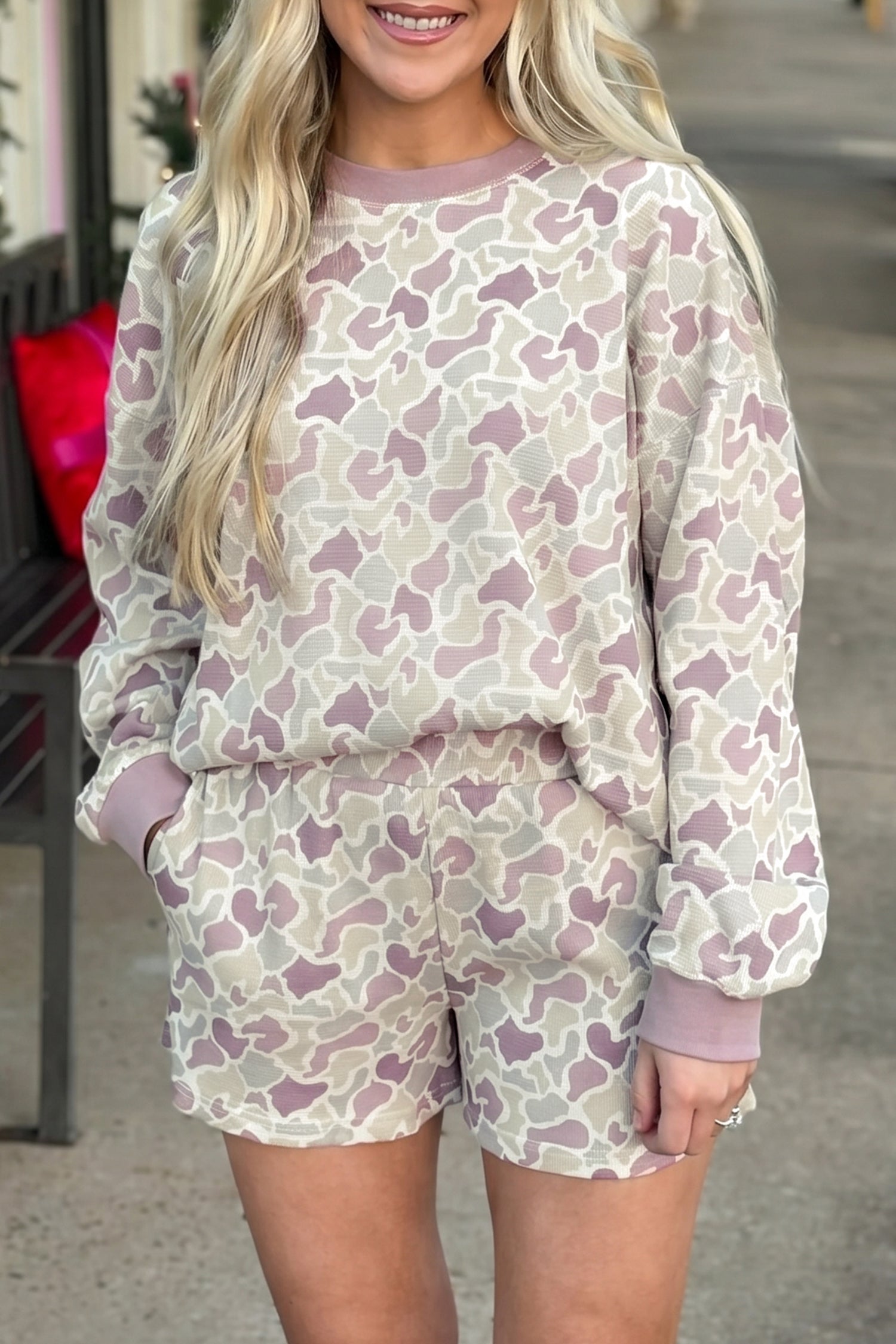 Green Camouflage Waffle Knit Long Sleeve Top Casual Shorts Set 🇺🇸