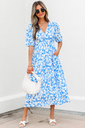 Sky Blue Floral V Neck Puff Short Sleeve Flowy Long Dress 🇺🇸