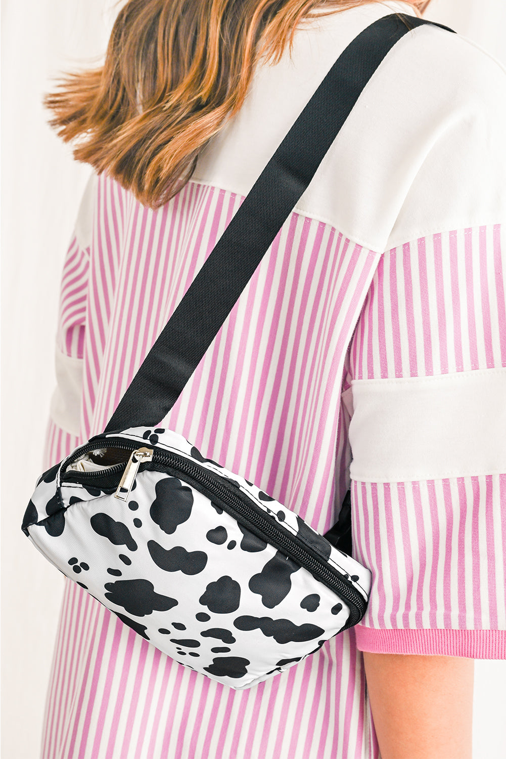 White Cow Pattern Print Buckle Wide Belt Inclined Shoulder Bag 🇨🇳