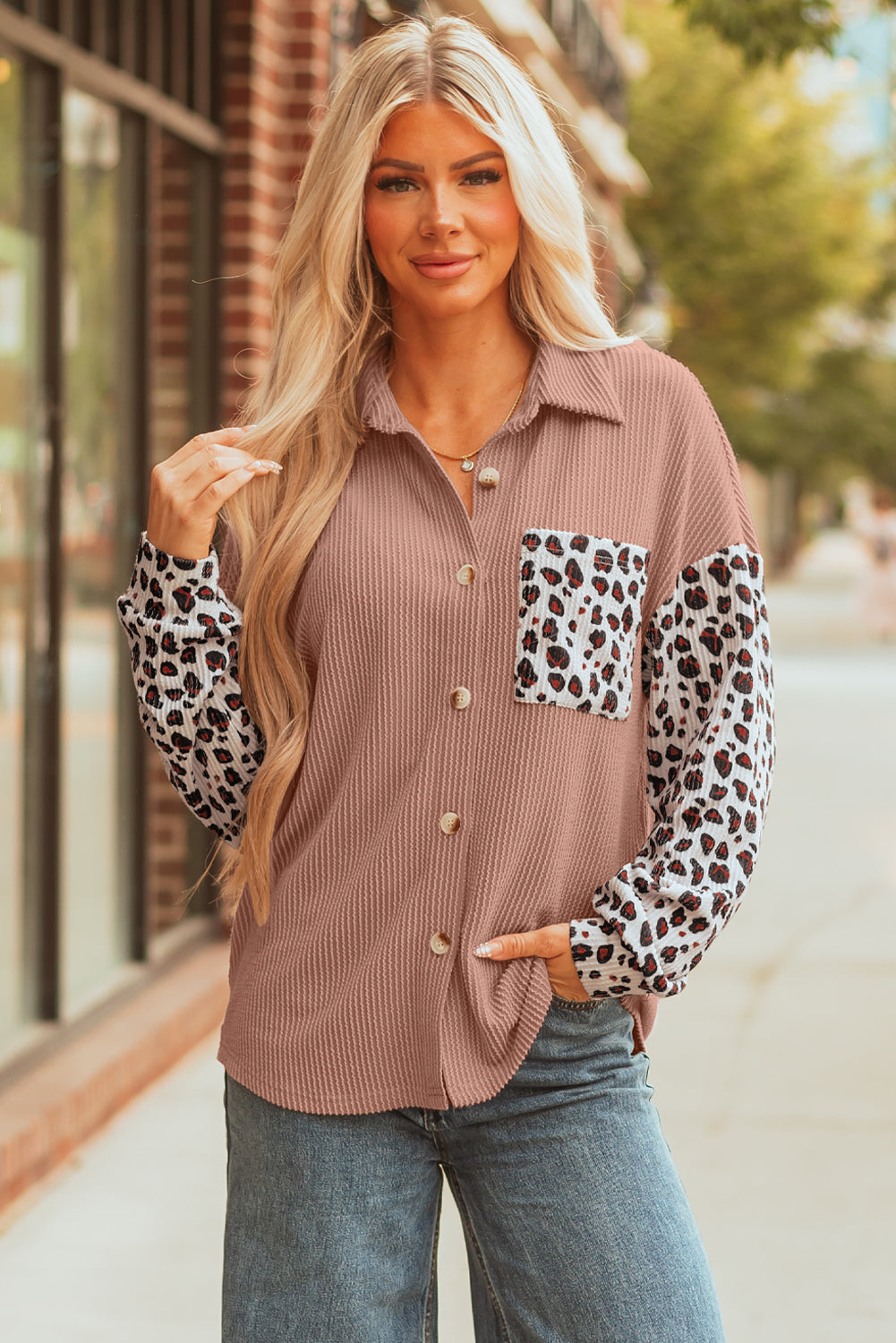 Dark Khaki Leopard Patched Twisted Ribbed Western Casual Shacket 🇺🇸
