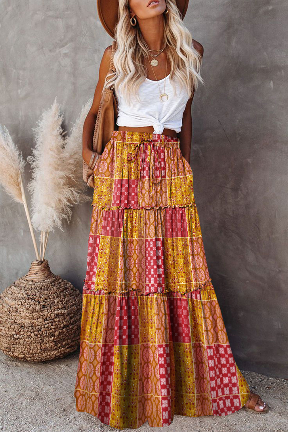 Orange Tiered Paisley Print Pocketed Maxi Skirt 🇺🇸